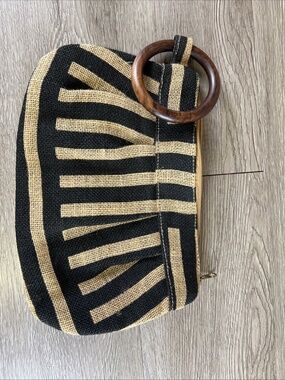 Mud Pie Clutch Purse Wristlet Burlap Striped Brown with Wrist Holder and Zipper